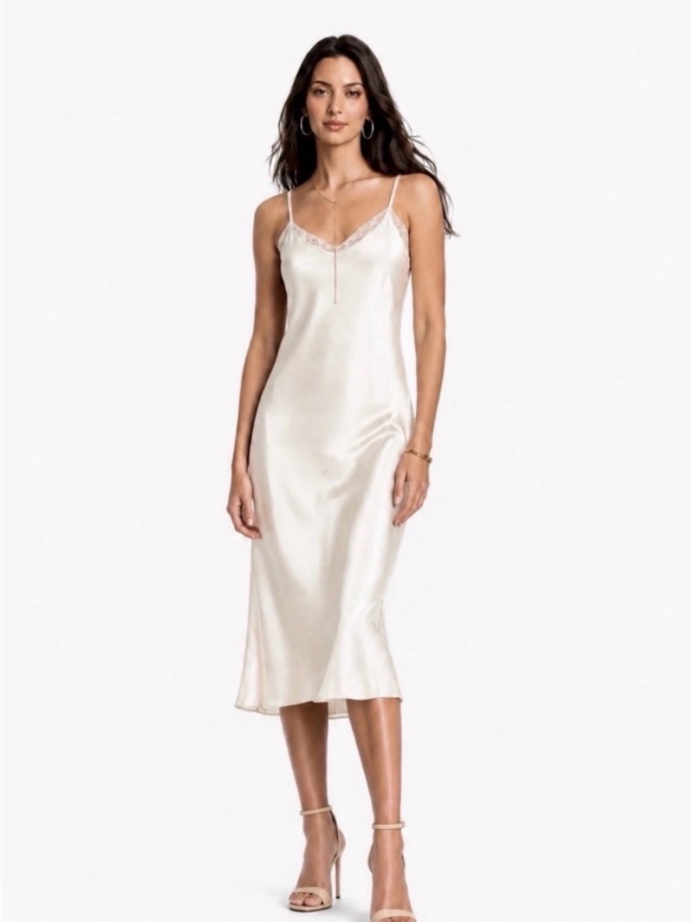 Johnny Was Ivory Satin Lace-Trim Slip Dress Midi